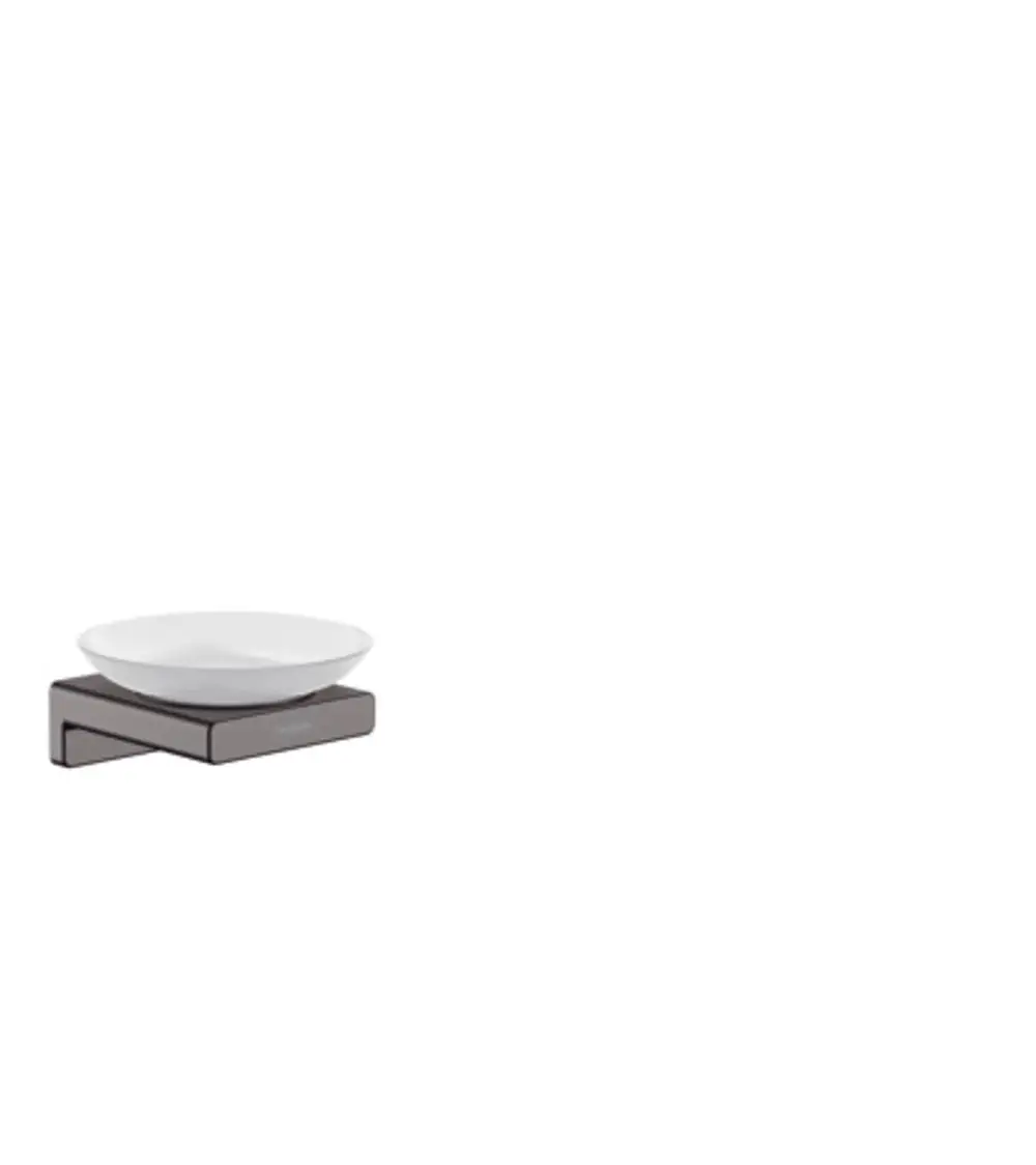 Seifenschale aus Weißporzellan auf einem Halter aus gebürstetem schwarzem Chrom, designed von Hansgrohe für die Wandmontage.